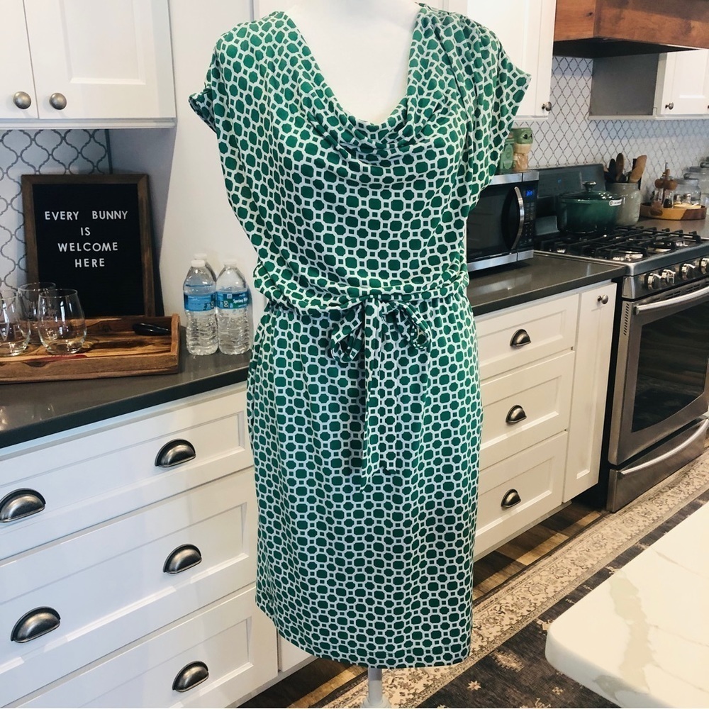 Banana Republic Green Geometric Mock Round Neck Tie Waist Dress Career S